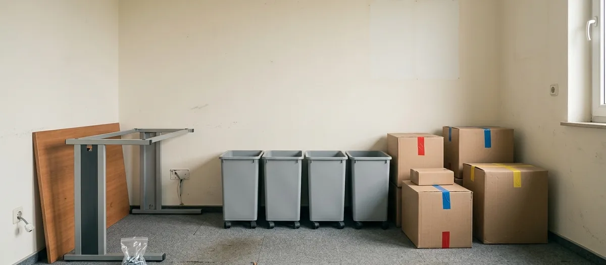 Nummerierte Rollcontainer und beschriftete Kartons stehen abholbereit in einem geräumten Büro mit abgebautem Schreibtischgestell