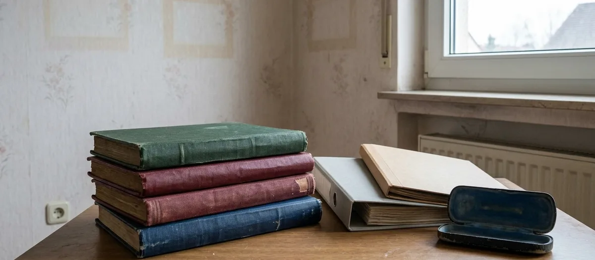 In einem leergeräumten Wohnzimmer eines älteren Hauses steht ein Stapel beiseitegelegter Fotoalben und Dokumentenmappen auf einem Tisch