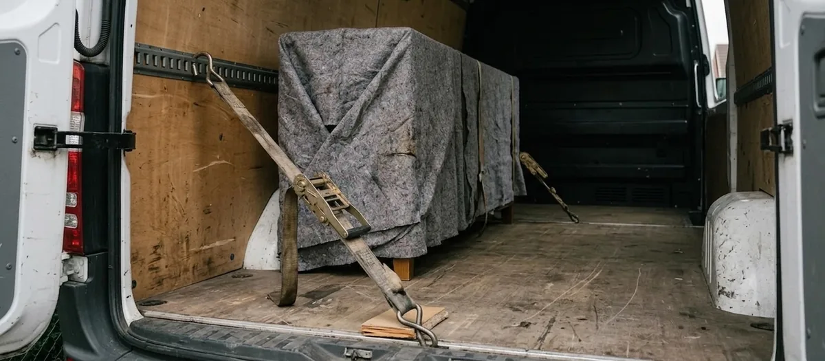 Ein in Decken gewickeltes Sideboard steht aufrecht an der Bordwand eines Transporters und ist mit zwei Spanngurten gesichert