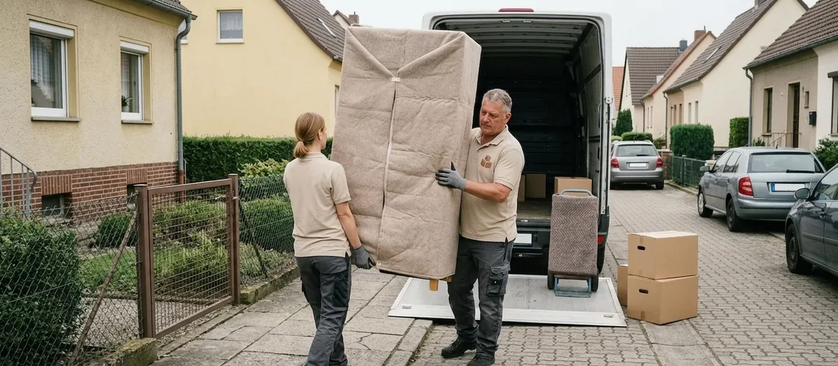 Zwei Umzugskräfte tragen ein gepolstertes Schrankteil über einen Plattenweg von der Haustür eines eingeschossigen Hauses zur geöffneten Ladeklappe