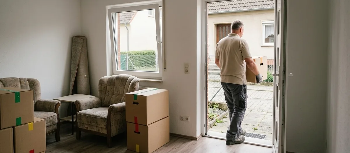 Eine Umzugskraft trägt einen beschrifteten Karton in eine helle Erdgeschosswohnung, in der ein Sessel bereits an seinem Platz steht