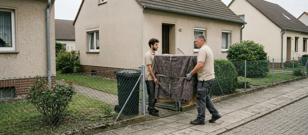 Blick über ein schmales Vorgartengrundstück auf ein eingeschossiges Wohnhaus, zwei Umzugskräfte tragen eine abgedeckte Kommode durch ein geöffnetes Gartentor