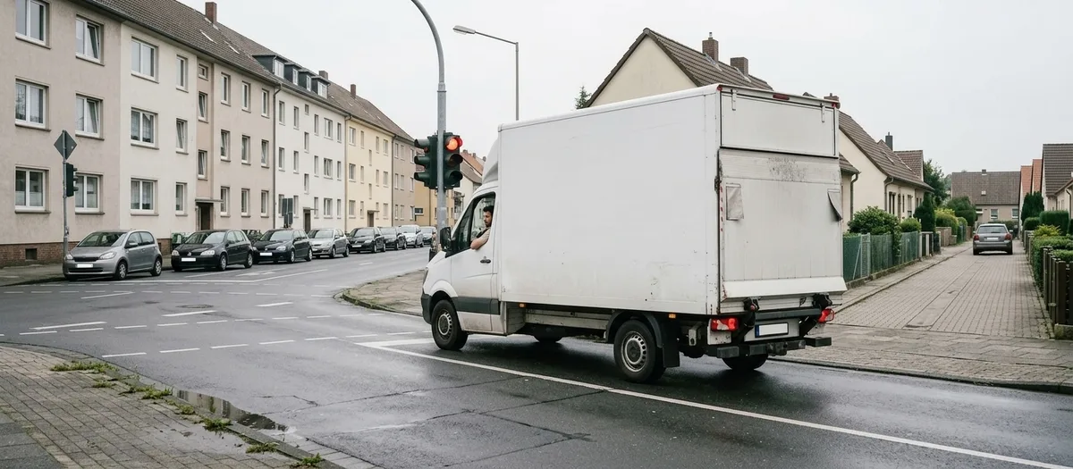 Ein beladenes Möbelfahrzeug wartet mit geschlossener Ladebordwand an einer Ausfallstraße, im Hintergrund gehen niedrige Wohnhäuser in mehrgeschossige Bebauung über