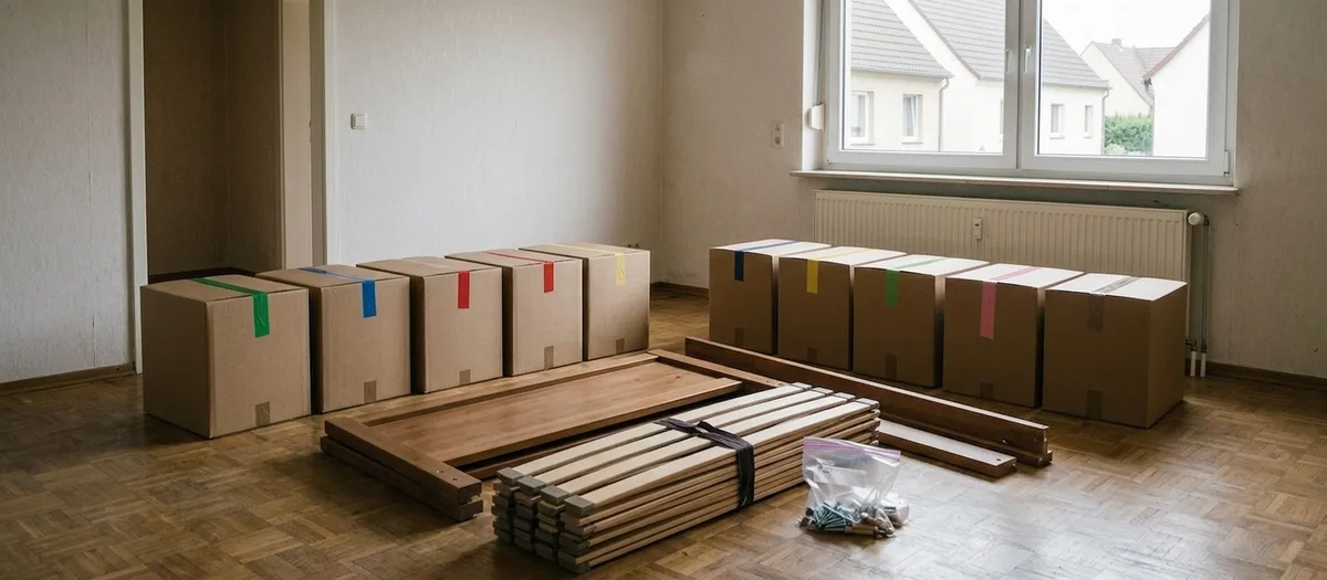 Beschriftete Umzugskartons stehen in Reihen in einem geräumten Wohnzimmer, davor liegen zerlegte Bettteile und ein Beutel mit sortierten Beschlägen