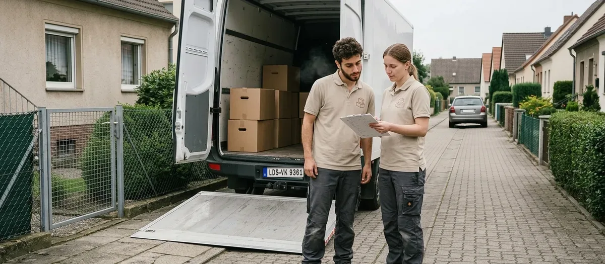 Zwei Umzugskräfte gleichen am frühen Morgen eine Ladeliste auf einem Klemmbrett ab, dahinter steht ein zur Hälfte beladenes Möbelfahrzeug mit ausgeklappter Rampe