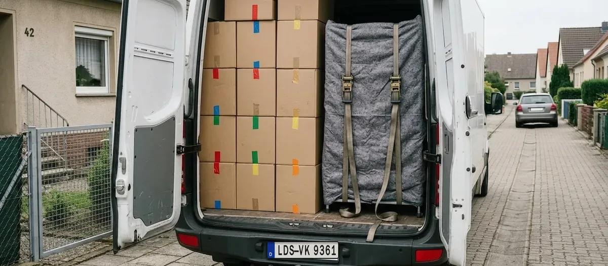Blick in einen zur Hälfte beladenen Laderaum: Kartons stehen als geschlossener Block, davor sichern Spanngurte eine mit Decken abgepolsterte Schrankwand