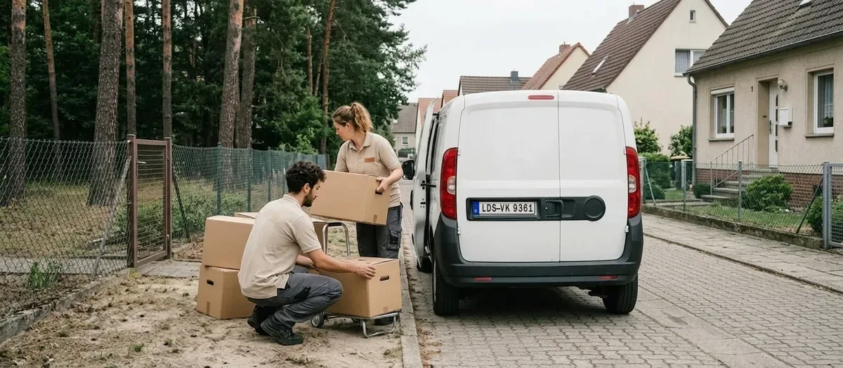 Ein Kleintransporter mit offener Hecktür wartet vor einer schmalen Grundstückszufahrt, davor stapeln zwei Helfer Kartons für den nächsten Umlauf auf einen Rollwagen