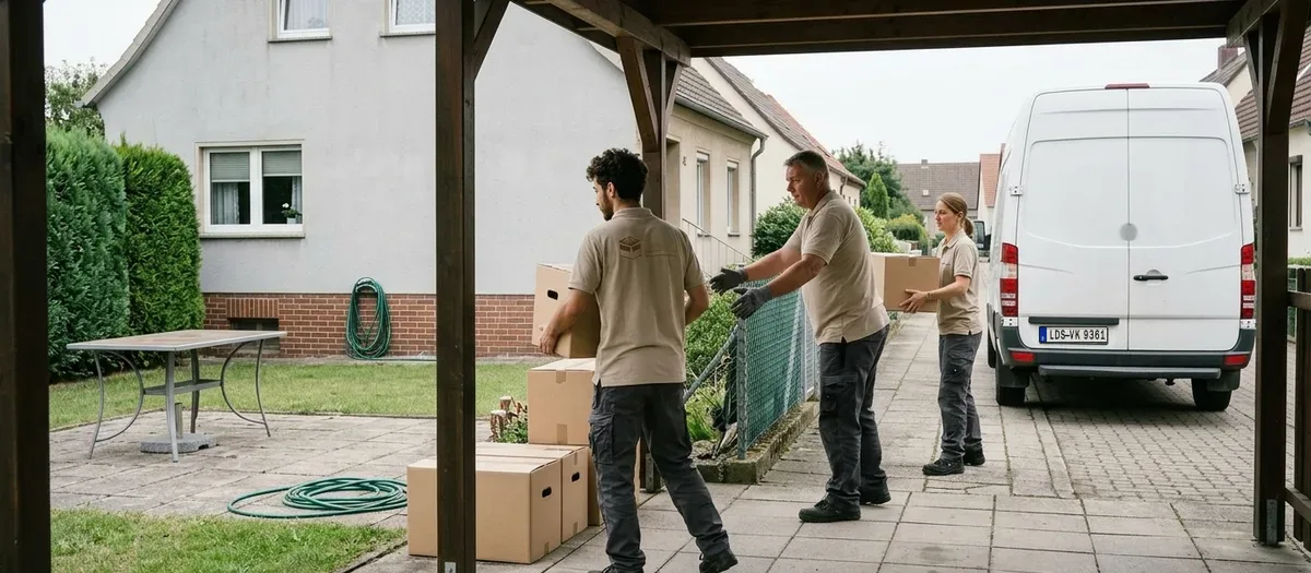 Drei Helfer reichen sich Umzugskartons über eine gepflasterte Zufahrt hinweg zu einem am Straßenrand wartenden Transporter
